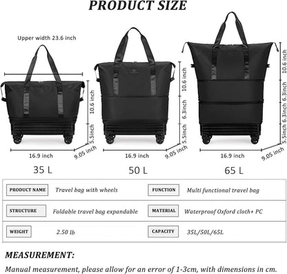 Duffle Bag with Wheels,Foldable Duffle Bag for Travel,Large Suitcases with Wheels,Foldable Travel Bags,Expandable Luggage,Carry on Luggage for Women Men (Pink)