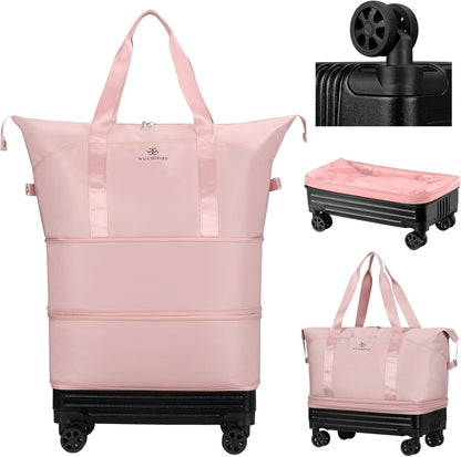 Duffle Bag with Wheels,Foldable Duffle Bag for Travel,Large Suitcases with Wheels,Foldable Travel Bags,Expandable Luggage,Carry on Luggage for Women Men (Pink)