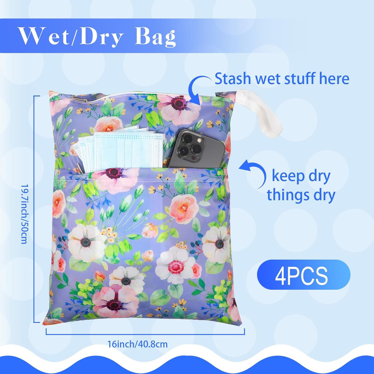 4 Pcs Large Waterproof Wet Dry Bag for Baby Swimsuit 20x16 inches Reusable Washable Travel Diaper Bag Sealed with Handle for Travel Beach Gym Clothes and Toiletries Pool(Flower Style)
