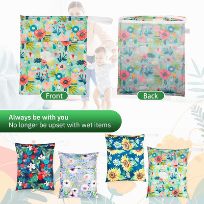 4 Pcs Large Waterproof Wet Dry Bag for Baby Swimsuit 20x16 inches Reusable Washable Travel Diaper Bag Sealed with Handle for Travel Beach Gym Clothes and Toiletries Pool(Flower Style)
