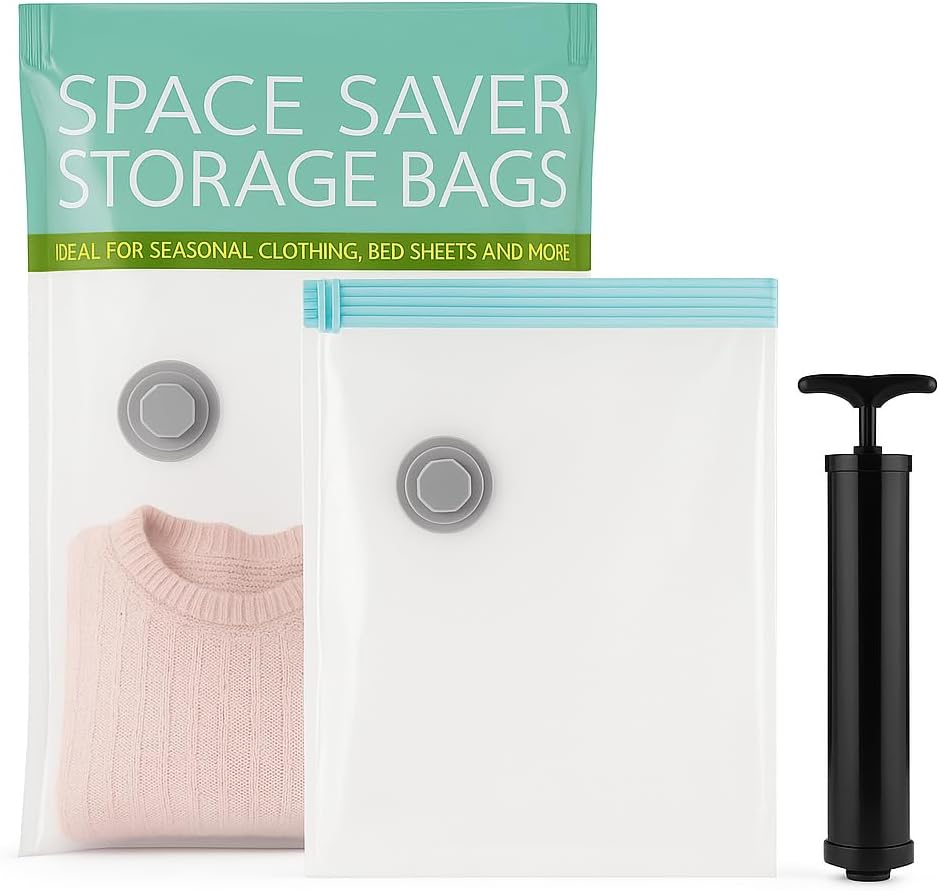 Vacuum Storage Bags 2-Pack | Space Saver Compression Bags for Clothes, Bedding & Comforters, Large + Small Sizes, Reusable with Pump or Vacuum