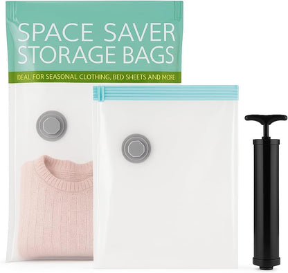 Vacuum Storage Bags 2-Pack | Space Saver Compression Bags for Clothes, Bedding & Comforters, Large + Small Sizes, Reusable with Pump or Vacuum