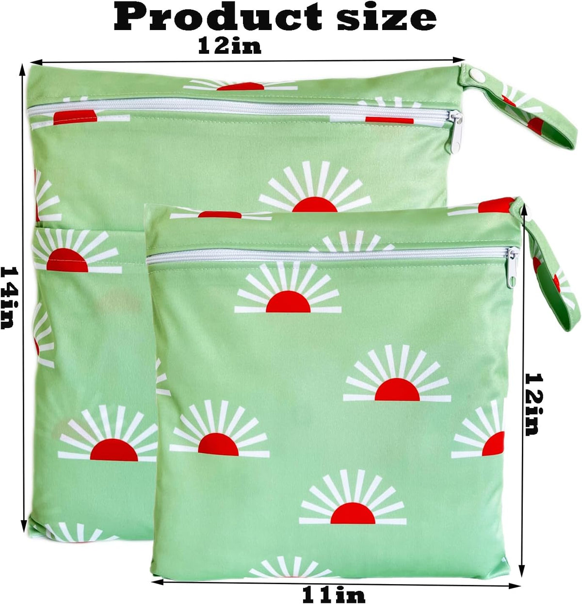 Wet Dry Bag for Cloth Diapers, 2PCS Waterproof Reusable Wet Bag with Zippered Pockets, Washable, Reusable for Travel, Beach, Pool, Stroller, Diapers, Dirty Gym Clothes, Swimsuits, 14x12In & 12x11In