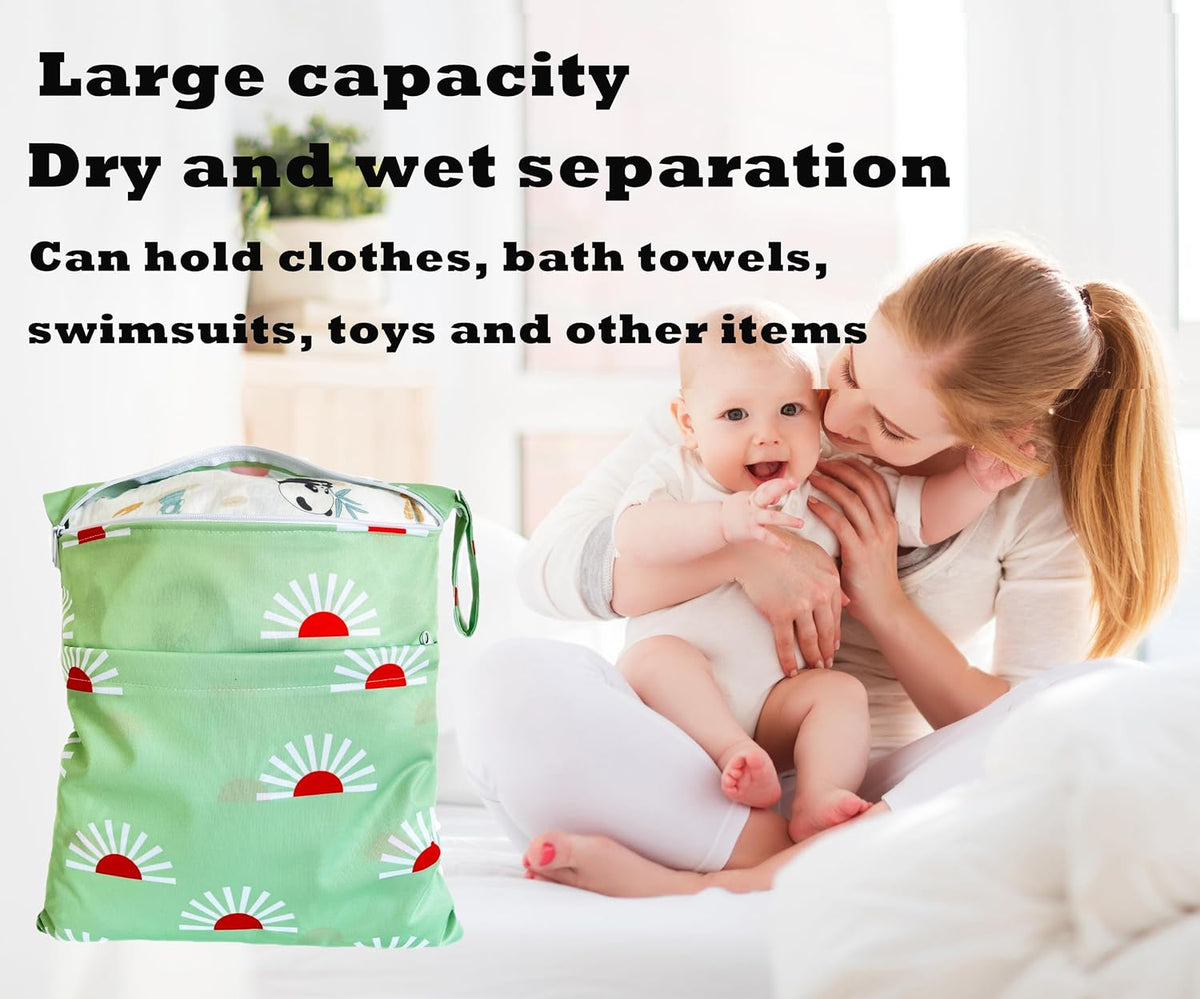 Wet Dry Bag for Cloth Diapers, 2PCS Waterproof Reusable Wet Bag with Zippered Pockets, Washable, Reusable for Travel, Beach, Pool, Stroller, Diapers, Dirty Gym Clothes, Swimsuits, 14x12In & 12x11In