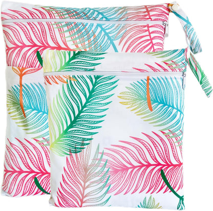 Wet Dry Bag for Cloth Diapers, 2PCS Waterproof Reusable Wet Bag with Zippered Pockets, Washable, Reusable for Travel, Beach, Pool, Stroller, Diapers, Dirty Gym Clothes, Swimsuits, 14x12In & 12x11In