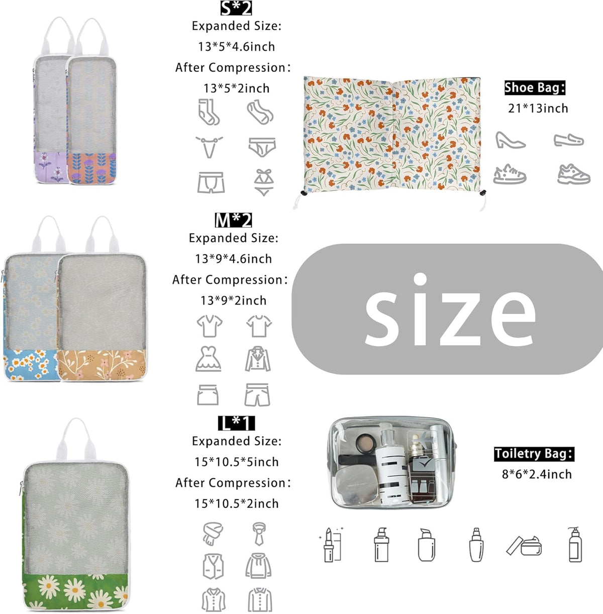 7 Pcs Compression Packing Cubes for Travel Luggage, Lightweight Suitcase Organizer Bags Set, Compression Packaging Cube for Travel Essentials, Packing Cubes for Carry on Suitcase