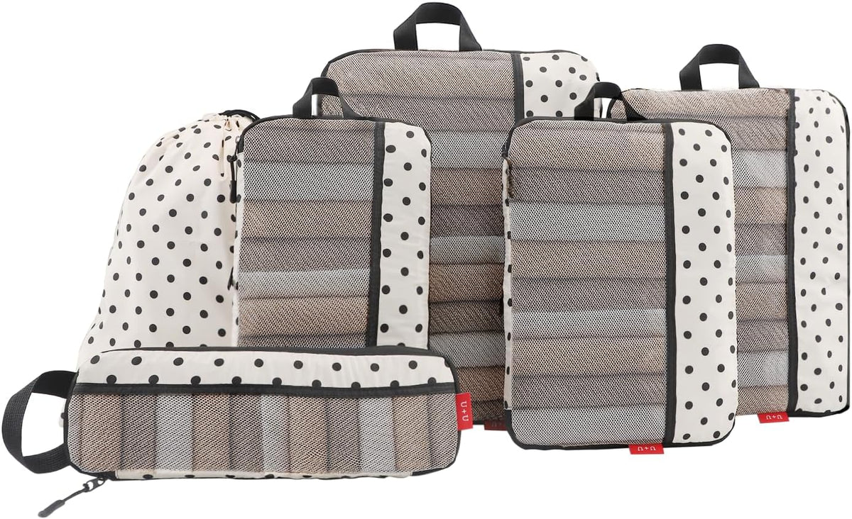 6 Set Compression Packing Cubes - Ultralight Travel Organizers with Laundry Bag, Space-Saving Suitcase Organizer, Expandable Packing Cubes for Travel, Business Trip and Family Vacation (Polka Dot)