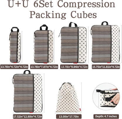 6 Set Compression Packing Cubes - Ultralight Travel Organizers with Laundry Bag, Space-Saving Suitcase Organizer, Expandable Packing Cubes for Travel, Business Trip and Family Vacation (Polka Dot)