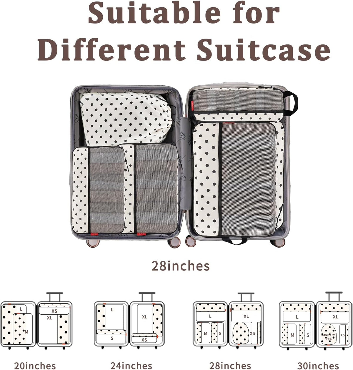 6 Set Compression Packing Cubes - Ultralight Travel Organizers with Laundry Bag, Space-Saving Suitcase Organizer, Expandable Packing Cubes for Travel, Business Trip and Family Vacation (Polka Dot)