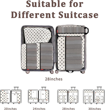 6 Set Compression Packing Cubes - Ultralight Travel Organizers with Laundry Bag, Space-Saving Suitcase Organizer, Expandable Packing Cubes for Travel, Business Trip and Family Vacation (Polka Dot)