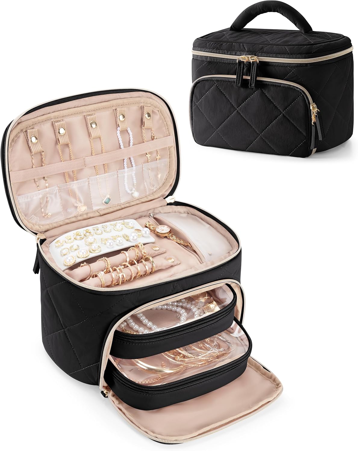 Jewelry Travel Case with 2 Pouches, Double Layer Jewelry Organizer | 5 Necklace Clips, 2 Ring Holders, Earring Plate, Clear Pocket, Padded Handle, Dual Zipper, Quilted-Black