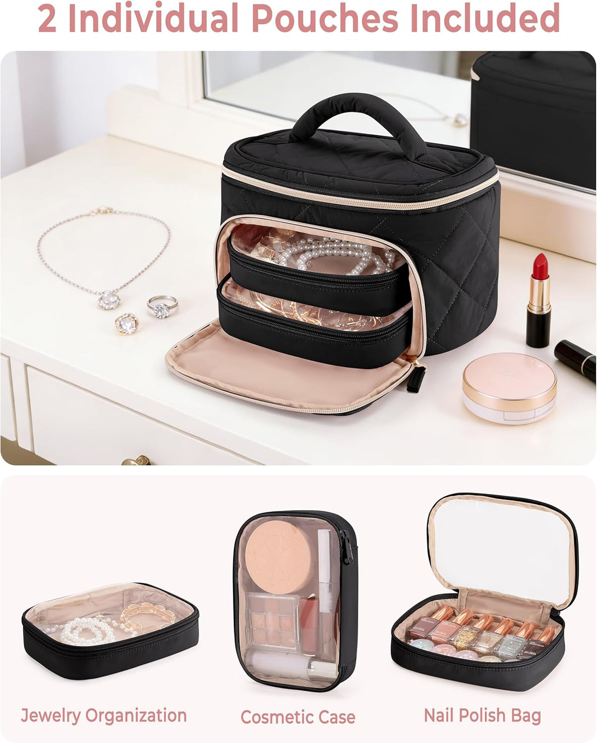 Jewelry Travel Case with 2 Pouches, Double Layer Jewelry Organizer | 5 Necklace Clips, 2 Ring Holders, Earring Plate, Clear Pocket, Padded Handle, Dual Zipper, Quilted-Black