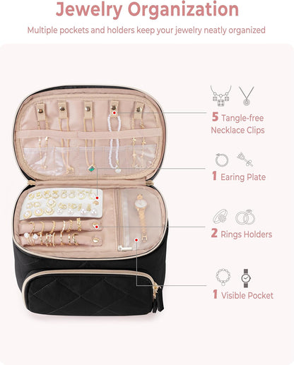 Jewelry Travel Case with 2 Pouches, Double Layer Jewelry Organizer | 5 Necklace Clips, 2 Ring Holders, Earring Plate, Clear Pocket, Padded Handle, Dual Zipper, Quilted-Black