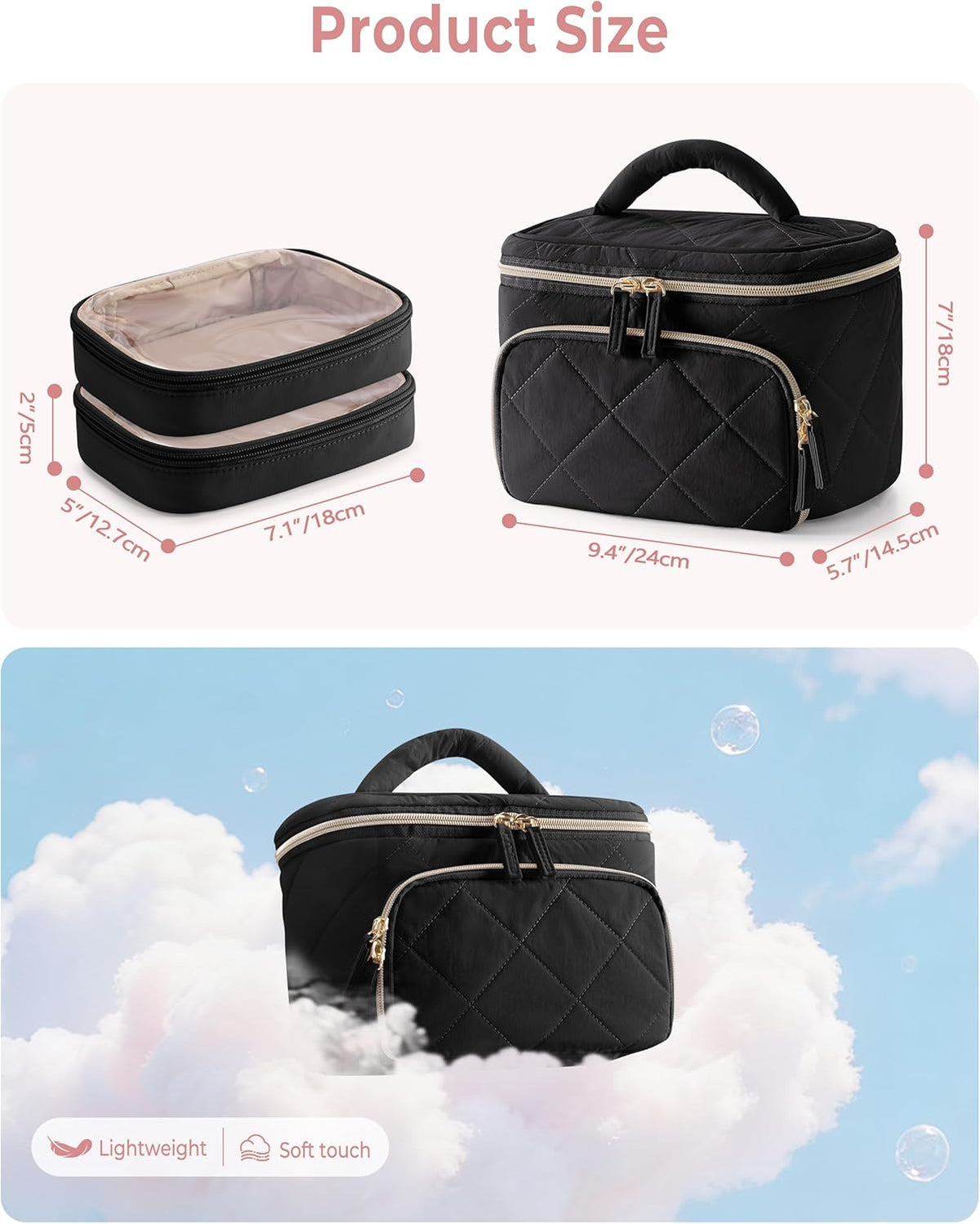 Jewelry Travel Case with 2 Pouches, Double Layer Jewelry Organizer | 5 Necklace Clips, 2 Ring Holders, Earring Plate, Clear Pocket, Padded Handle, Dual Zipper, Quilted-Black
