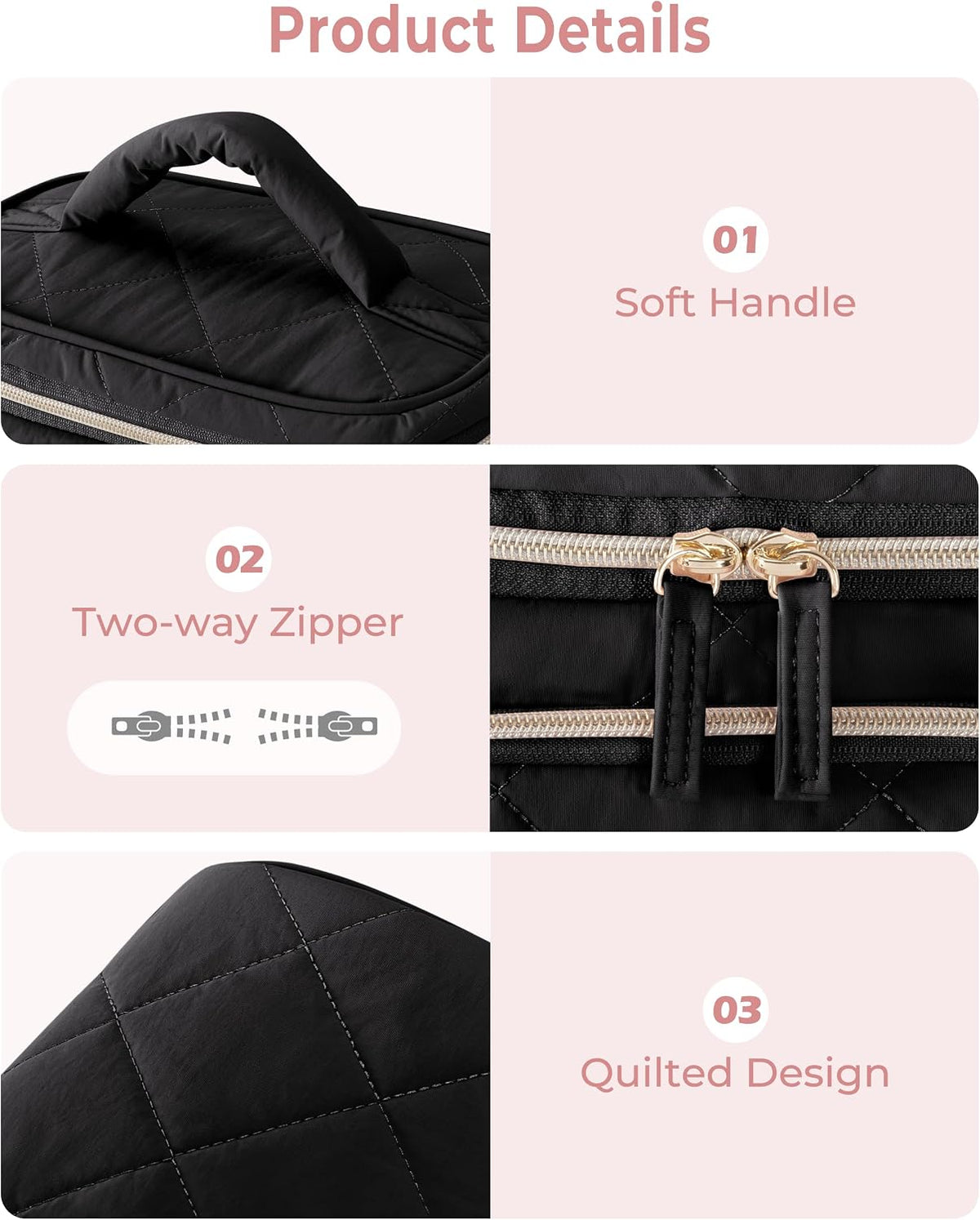Jewelry Travel Case with 2 Pouches, Double Layer Jewelry Organizer | 5 Necklace Clips, 2 Ring Holders, Earring Plate, Clear Pocket, Padded Handle, Dual Zipper, Quilted-Black
