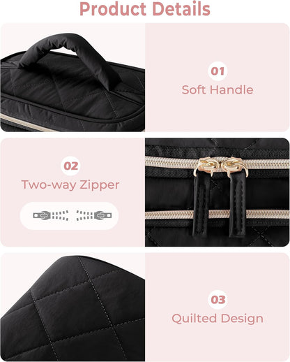 Jewelry Travel Case with 2 Pouches, Double Layer Jewelry Organizer | 5 Necklace Clips, 2 Ring Holders, Earring Plate, Clear Pocket, Padded Handle, Dual Zipper, Quilted-Black