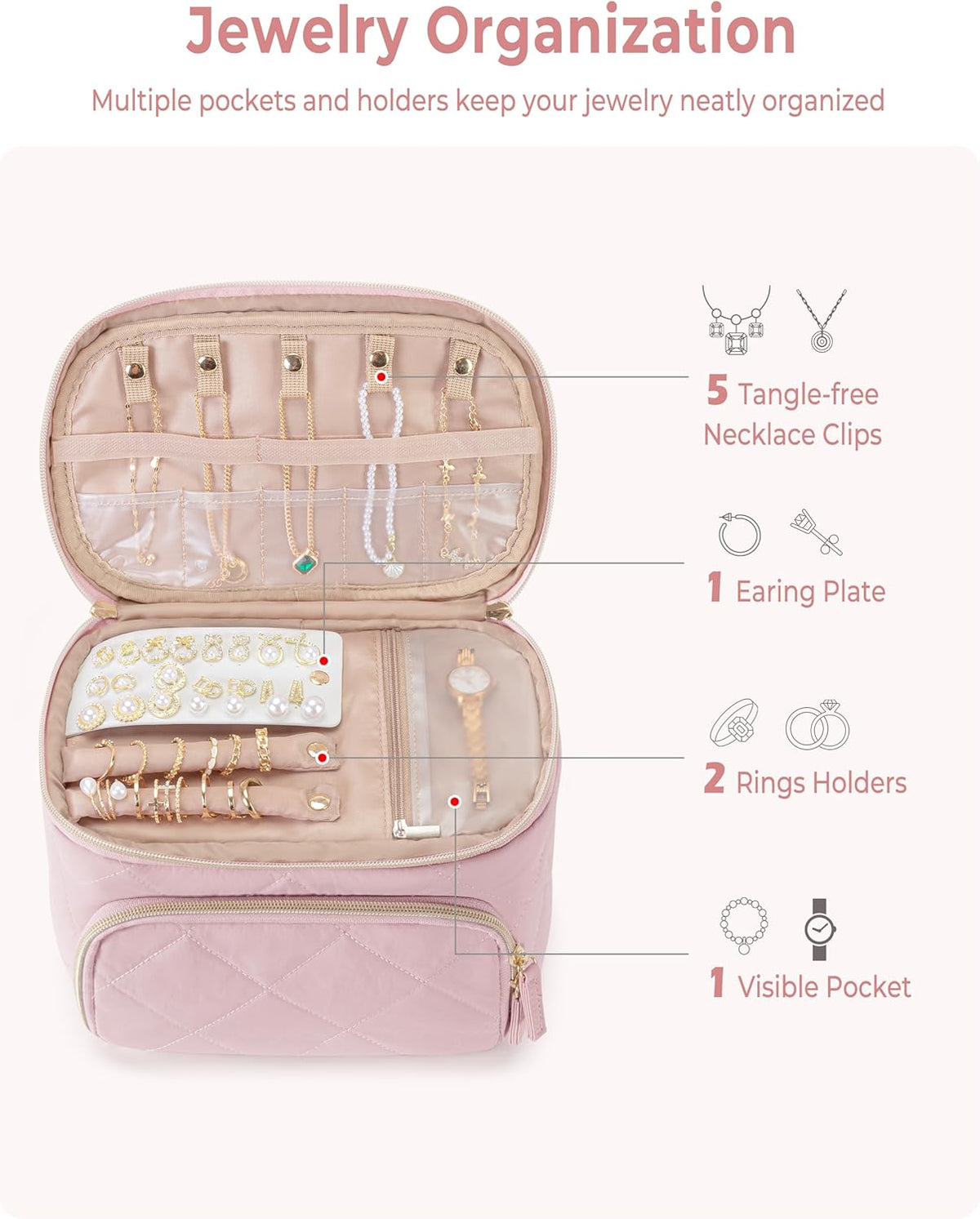 Jewelry Travel Case with 2 Pouches, Double Layer Jewelry Organizer | 5 Necklace Clips, 2 Ring Holders, Earring Plate, Clear Pocket, Padded Handle, Dual Zipper, Quilted-Black