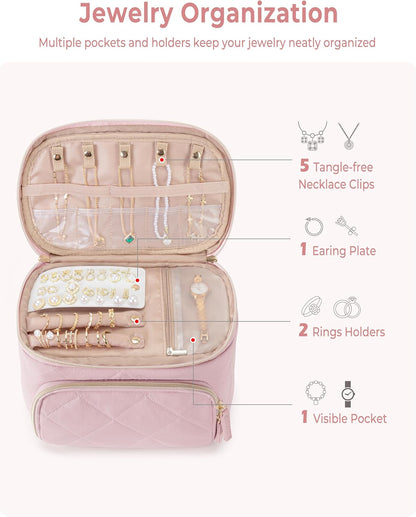 Jewelry Travel Case with 2 Pouches, Double Layer Jewelry Organizer | 5 Necklace Clips, 2 Ring Holders, Earring Plate, Clear Pocket, Padded Handle, Dual Zipper, Quilted-Black