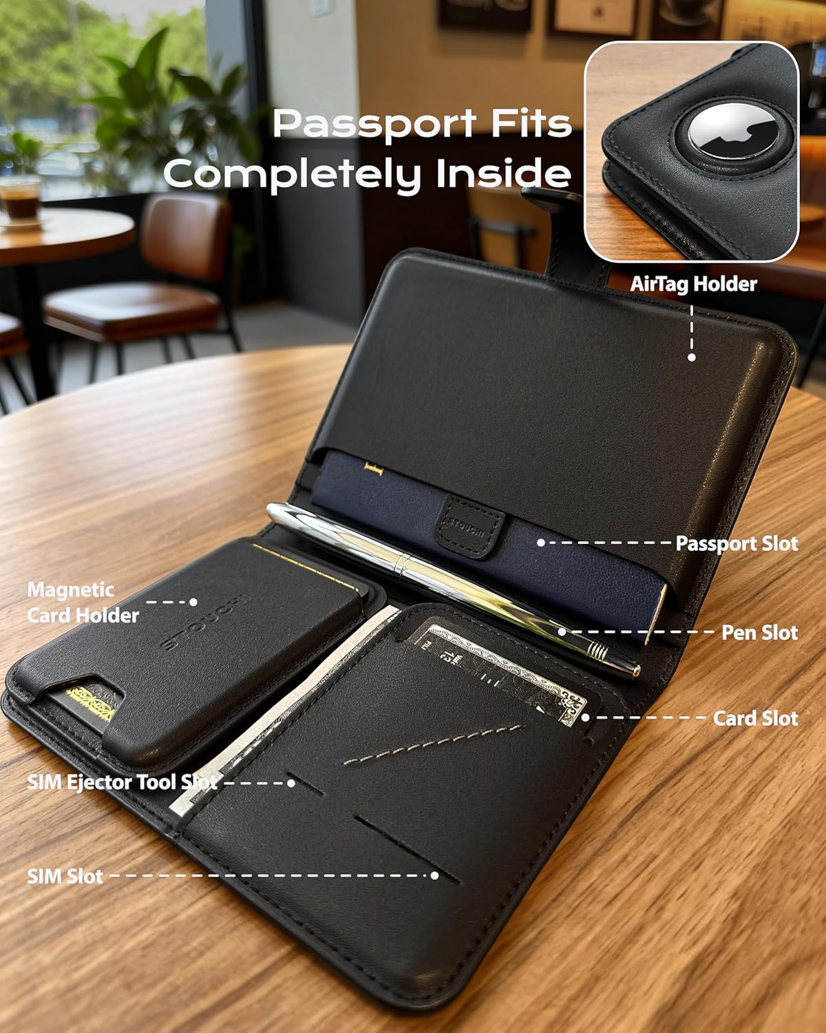 AirTag Passport Holder with Pull Strap, RFID Blocking Magnetic Case | Patented 1-sec Pull Strap; Detachable Magnetic Card Wallet; Zero-rattle AirTag Slot; Certified RFID Blocking; Ultra-slim