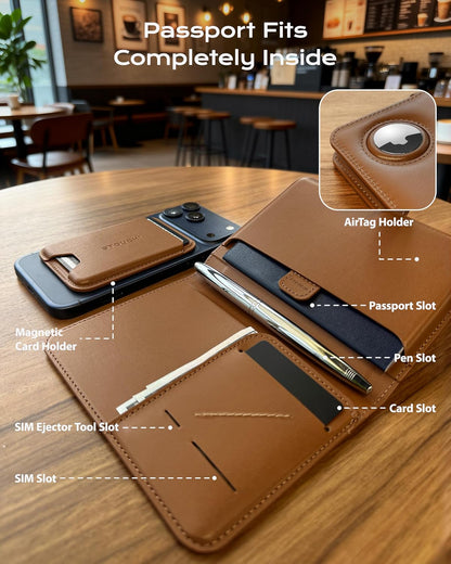 AirTag Passport Holder with Pull Strap, RFID Blocking Magnetic Case | Patented 1-sec Pull Strap; Detachable Magnetic Card Wallet; Zero-rattle AirTag Slot; Certified RFID Blocking; Ultra-slim
