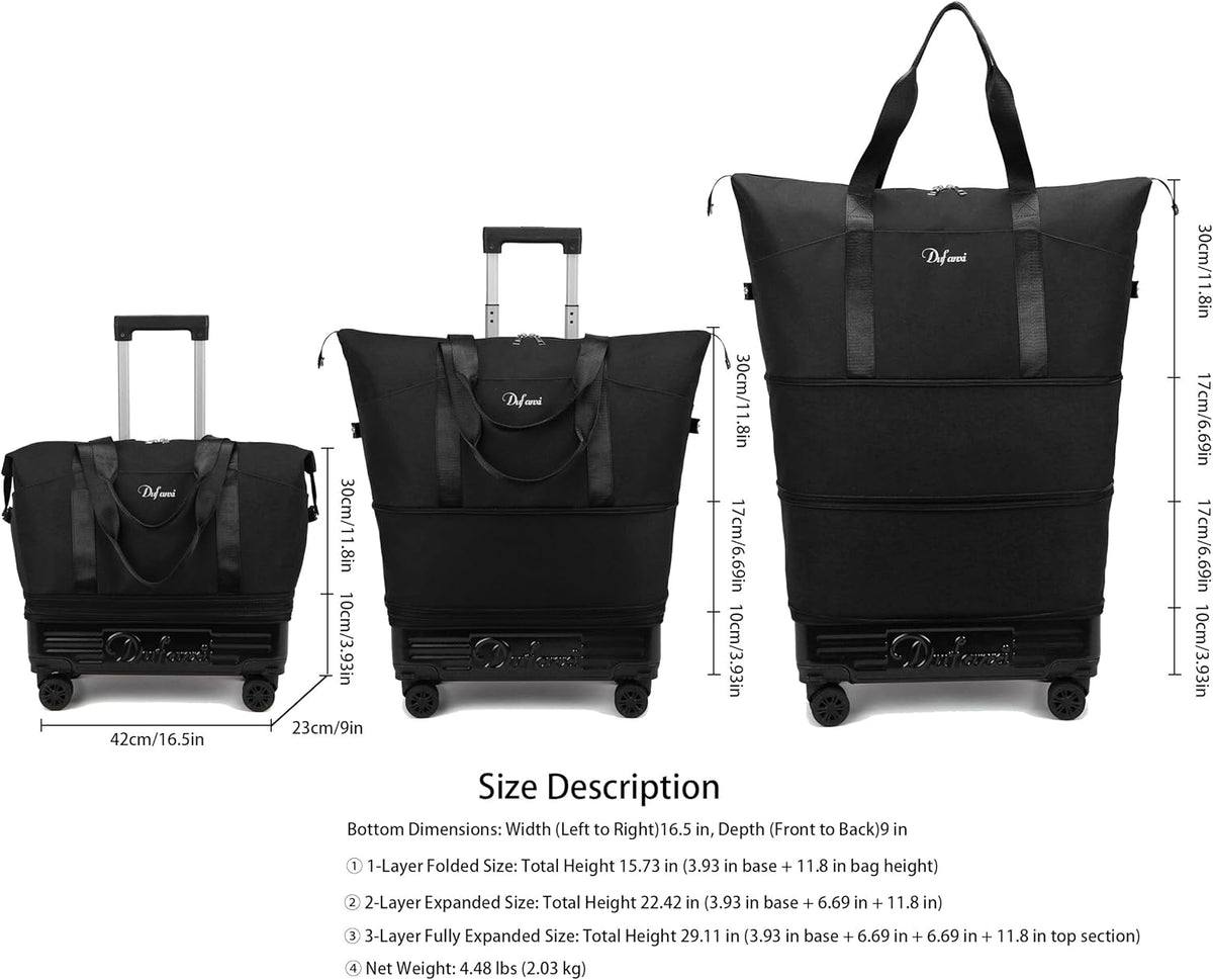 Expandable Rolling Travel Bag with Removable Wheels & Handle, Large Capacity Wheeled Duffle Tote, Foldable Carry On Luggage for Women, Lightweight Weekender Overnight Bag (DarkBlue)