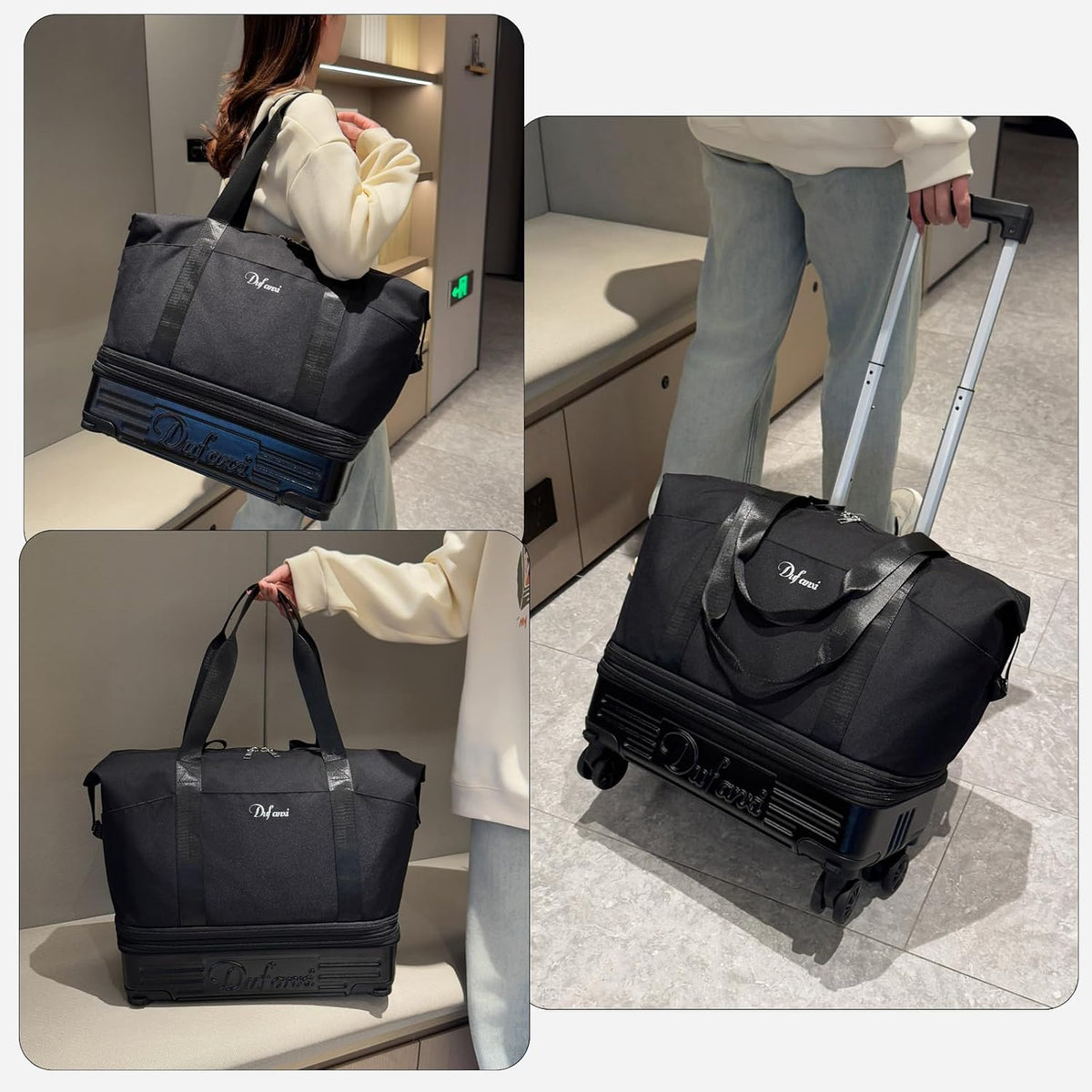 Expandable Rolling Travel Bag with Removable Wheels & Handle, Large Capacity Wheeled Duffle Tote, Foldable Carry On Luggage for Women, Lightweight Weekender Overnight Bag (DarkBlue)