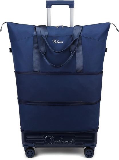 Expandable Rolling Travel Bag with Removable Wheels & Handle, Large Capacity Wheeled Duffle Tote, Foldable Carry On Luggage for Women, Lightweight Weekender Overnight Bag (DarkBlue)