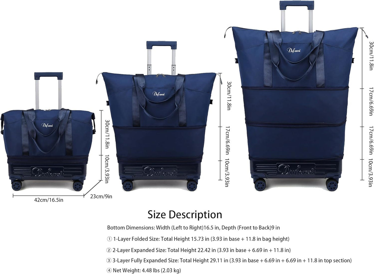 Expandable Rolling Travel Bag with Removable Wheels & Handle, Large Capacity Wheeled Duffle Tote, Foldable Carry On Luggage for Women, Lightweight Weekender Overnight Bag (DarkBlue)