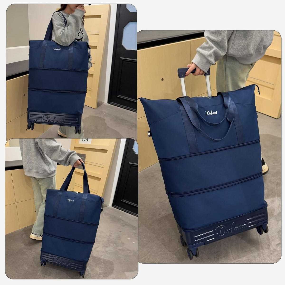 Expandable Rolling Travel Bag with Removable Wheels & Handle, Large Capacity Wheeled Duffle Tote, Foldable Carry On Luggage for Women, Lightweight Weekender Overnight Bag (DarkBlue)