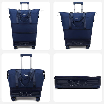 Expandable Rolling Travel Bag with Removable Wheels & Handle, Large Capacity Wheeled Duffle Tote, Foldable Carry On Luggage for Women, Lightweight Weekender Overnight Bag (DarkBlue)