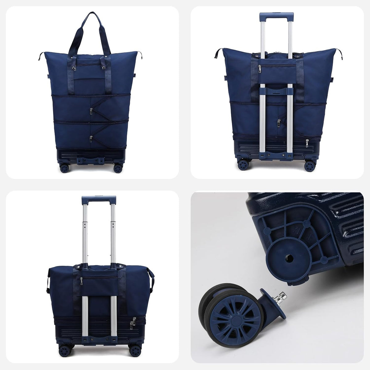 Expandable Rolling Travel Bag with Removable Wheels & Handle, Large Capacity Wheeled Duffle Tote, Foldable Carry On Luggage for Women, Lightweight Weekender Overnight Bag (DarkBlue)