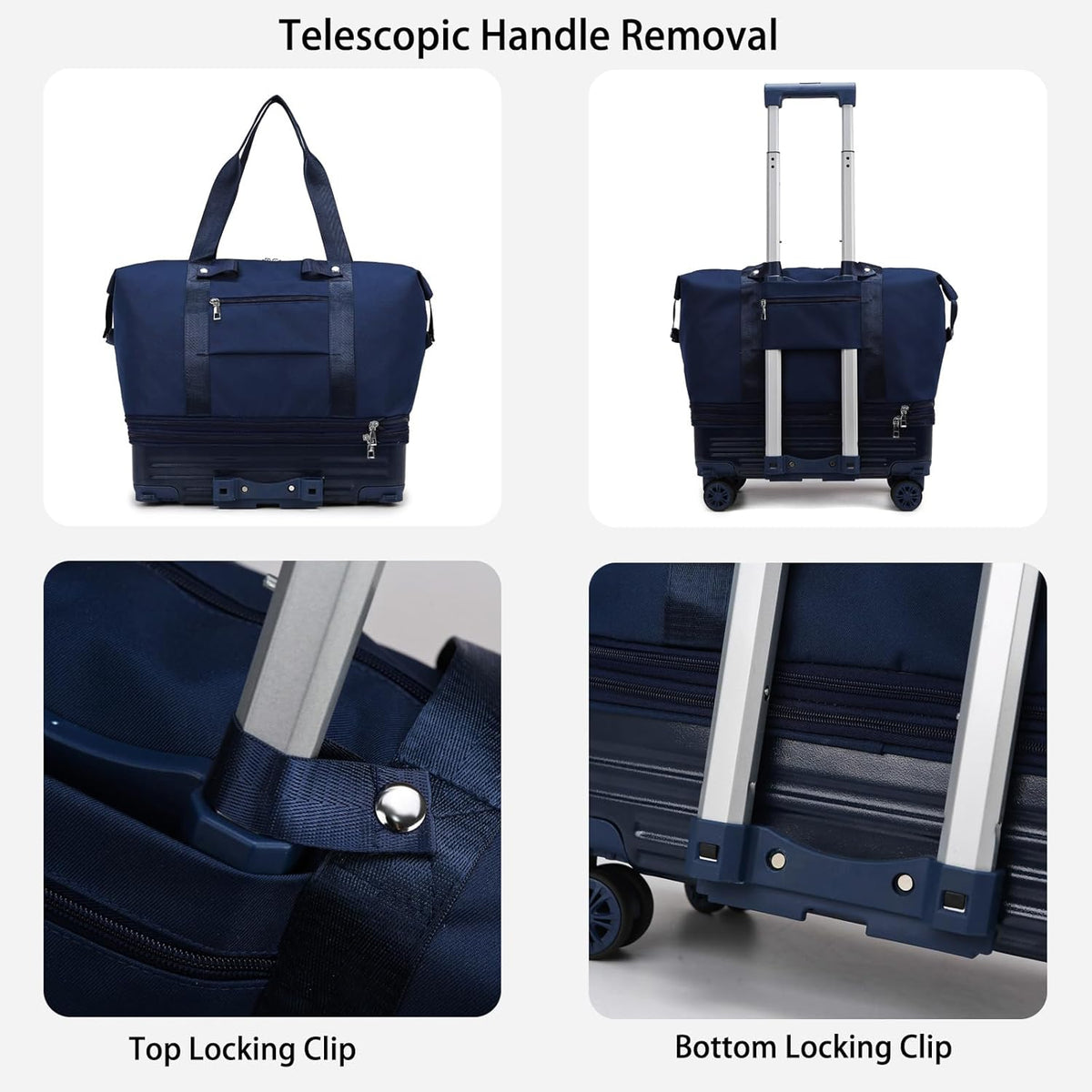 Expandable Rolling Travel Bag with Removable Wheels & Handle, Large Capacity Wheeled Duffle Tote, Foldable Carry On Luggage for Women, Lightweight Weekender Overnight Bag (DarkBlue)