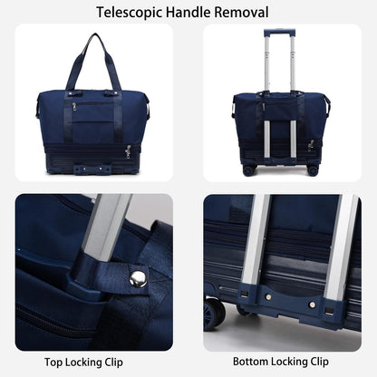 Expandable Rolling Travel Bag with Removable Wheels & Handle, Large Capacity Wheeled Duffle Tote, Foldable Carry On Luggage for Women, Lightweight Weekender Overnight Bag (DarkBlue)