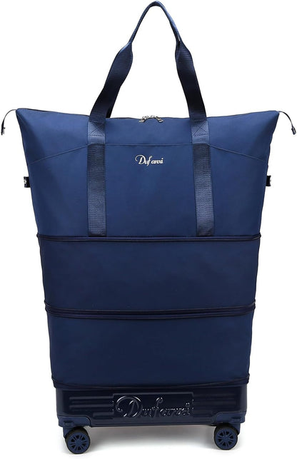 Expandable Rolling Travel Bag with Removable Wheels & Handle, Large Capacity Wheeled Duffle Tote, Foldable Carry On Luggage for Women, Lightweight Weekender Overnight Bag (DarkBlue)