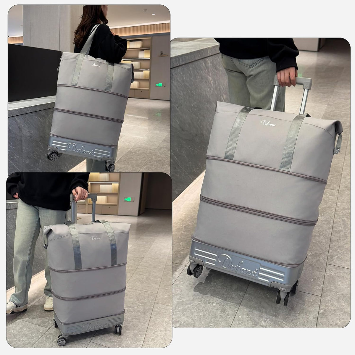 Expandable Rolling Travel Bag with Removable Wheels & Handle, Large Capacity Wheeled Duffle Tote, Foldable Carry On Luggage for Women, Lightweight Weekender Overnight Bag (DarkBlue)