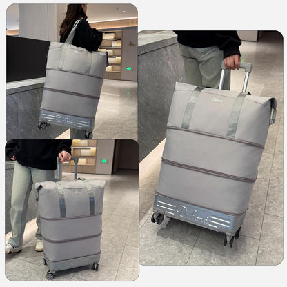 Expandable Rolling Travel Bag with Removable Wheels & Handle, Large Capacity Wheeled Duffle Tote, Foldable Carry On Luggage for Women, Lightweight Weekender Overnight Bag (DarkBlue)
