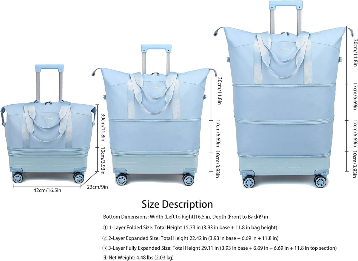 Expandable Rolling Travel Bag with Removable Wheels & Handle, Large Capacity Wheeled Duffle Tote, Foldable Carry On Luggage for Women, Lightweight Weekender Overnight Bag (DarkBlue)