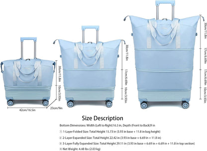 Expandable Rolling Travel Bag with Removable Wheels & Handle, Large Capacity Wheeled Duffle Tote, Foldable Carry On Luggage for Women, Lightweight Weekender Overnight Bag (DarkBlue)