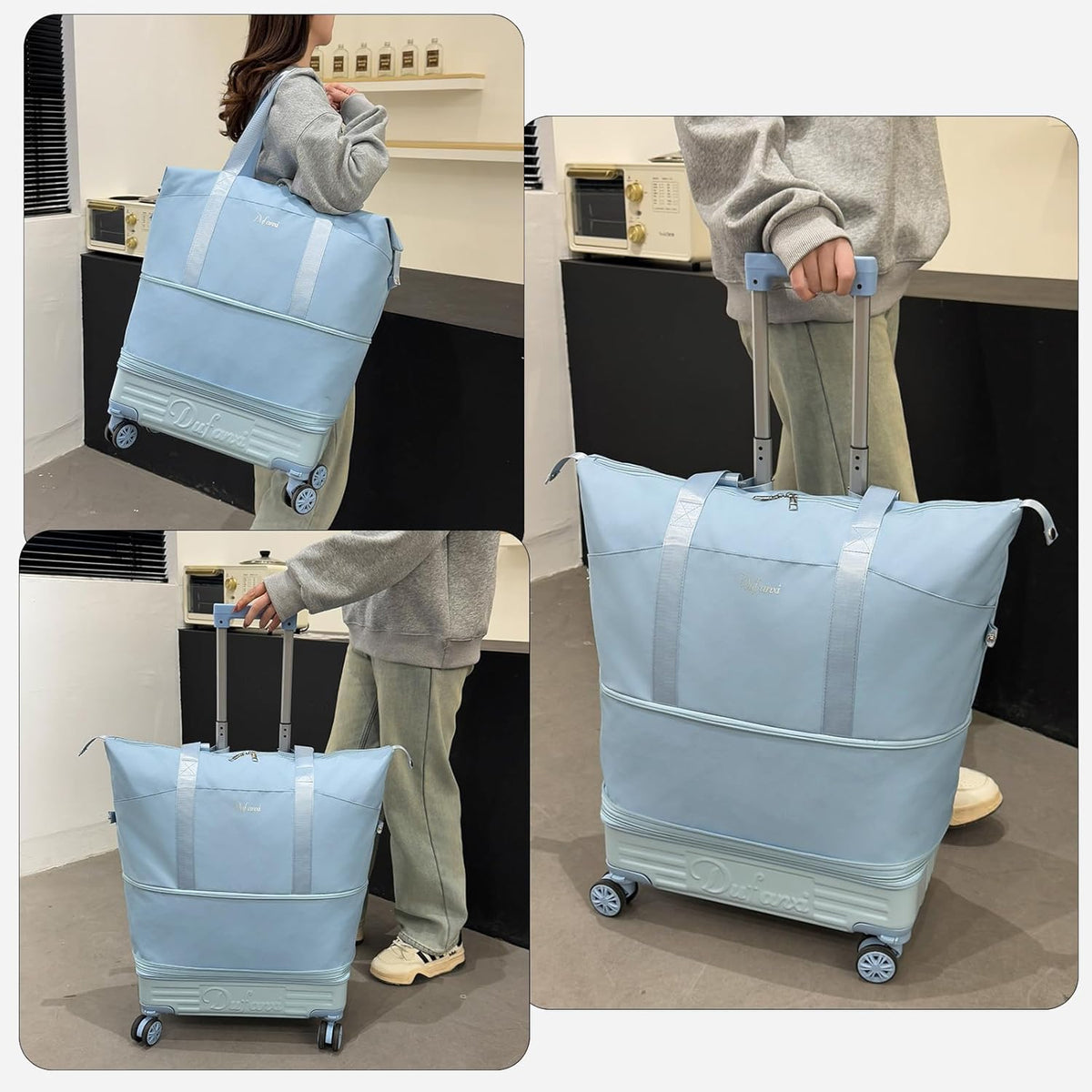 Expandable Rolling Travel Bag with Removable Wheels & Handle, Large Capacity Wheeled Duffle Tote, Foldable Carry On Luggage for Women, Lightweight Weekender Overnight Bag (DarkBlue)