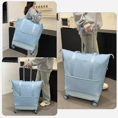 Expandable Rolling Travel Bag with Removable Wheels & Handle, Large Capacity Wheeled Duffle Tote, Foldable Carry On Luggage for Women, Lightweight Weekender Overnight Bag (DarkBlue)