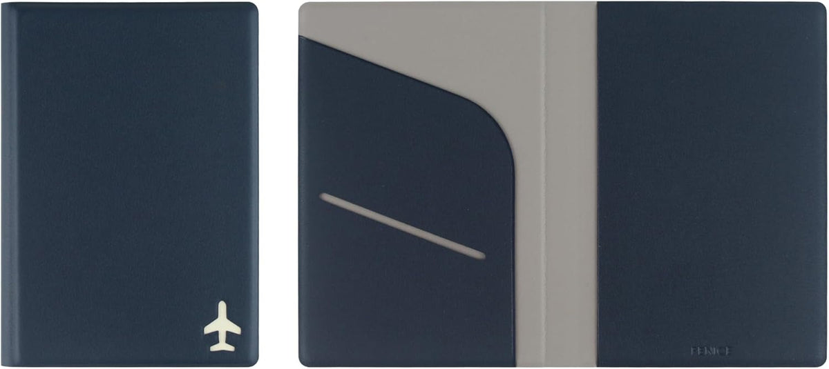 Plane Passport Holder with Card Slot Boarding Pass Pocket, RFID Blocking, Waterproof PU Leather, 7 Color Options (NAVY)