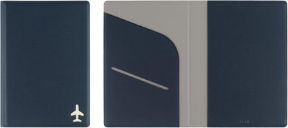 Plane Passport Holder with Card Slot Boarding Pass Pocket, RFID Blocking, Waterproof PU Leather, 7 Color Options (NAVY)