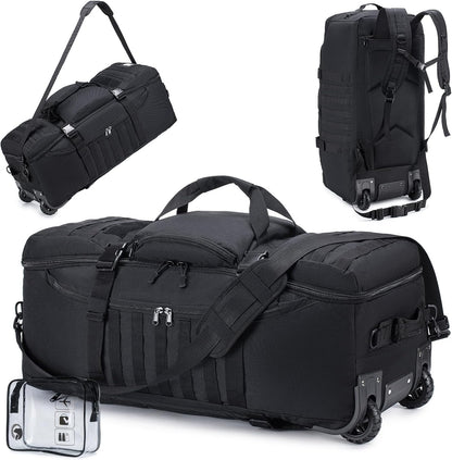 Duffel Bag with Wheels and Handle, 4 In 1 Military Large Roller Duffle Bag for Travel, 86L Tactical Waterproof Backpack with Hidden Straps,Durable MOLLE Luggage for Men & Women, Khaki