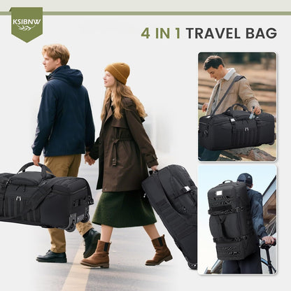 Duffel Bag with Wheels and Handle, 4 In 1 Military Large Roller Duffle Bag for Travel, 86L Tactical Waterproof Backpack with Hidden Straps,Durable MOLLE Luggage for Men & Women, Khaki