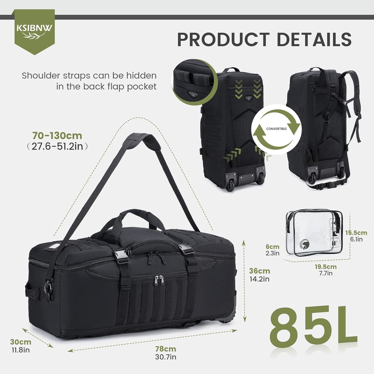Duffel Bag with Wheels and Handle, 4 In 1 Military Large Roller Duffle Bag for Travel, 86L Tactical Waterproof Backpack with Hidden Straps,Durable MOLLE Luggage for Men & Women, Khaki