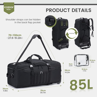 Duffel Bag with Wheels and Handle, 4 In 1 Military Large Roller Duffle Bag for Travel, 86L Tactical Waterproof Backpack with Hidden Straps,Durable MOLLE Luggage for Men & Women, Khaki