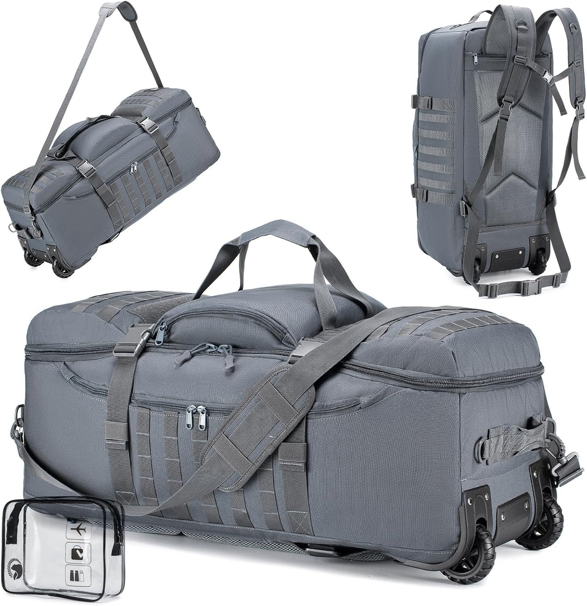 Duffel Bag with Wheels and Handle, 4 In 1 Military Large Roller Duffle Bag for Travel, 86L Tactical Waterproof Backpack with Hidden Straps,Durable MOLLE Luggage for Men & Women, Khaki