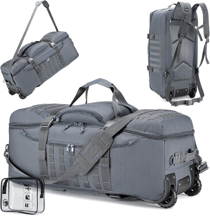 Duffel Bag with Wheels and Handle, 4 In 1 Military Large Roller Duffle Bag for Travel, 86L Tactical Waterproof Backpack with Hidden Straps,Durable MOLLE Luggage for Men & Women, Khaki