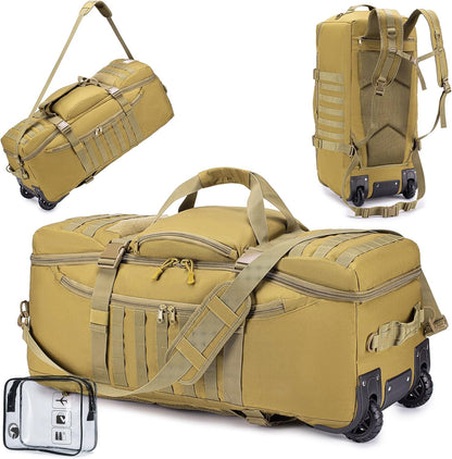 Duffel Bag with Wheels and Handle, 4 In 1 Military Large Roller Duffle Bag for Travel, 86L Tactical Waterproof Backpack with Hidden Straps,Durable MOLLE Luggage for Men & Women, Khaki