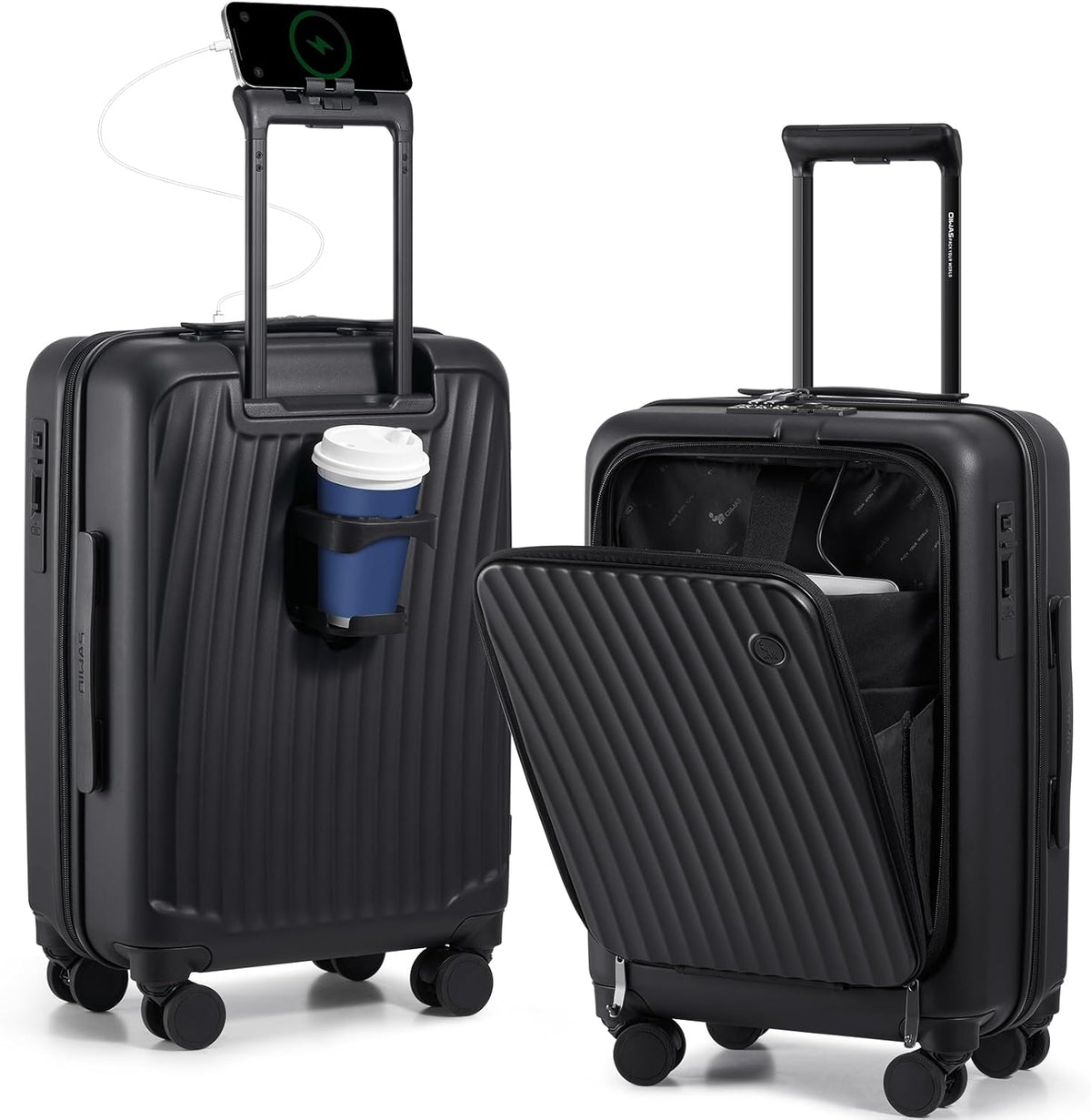 Carry On Luggage with Cup Holder, Top Opening Carry On Suitcase with USB Port, Phone Holder, One-Click Brake, Top Lid Opening Hardside Luggage for Travel, Business Trip, White